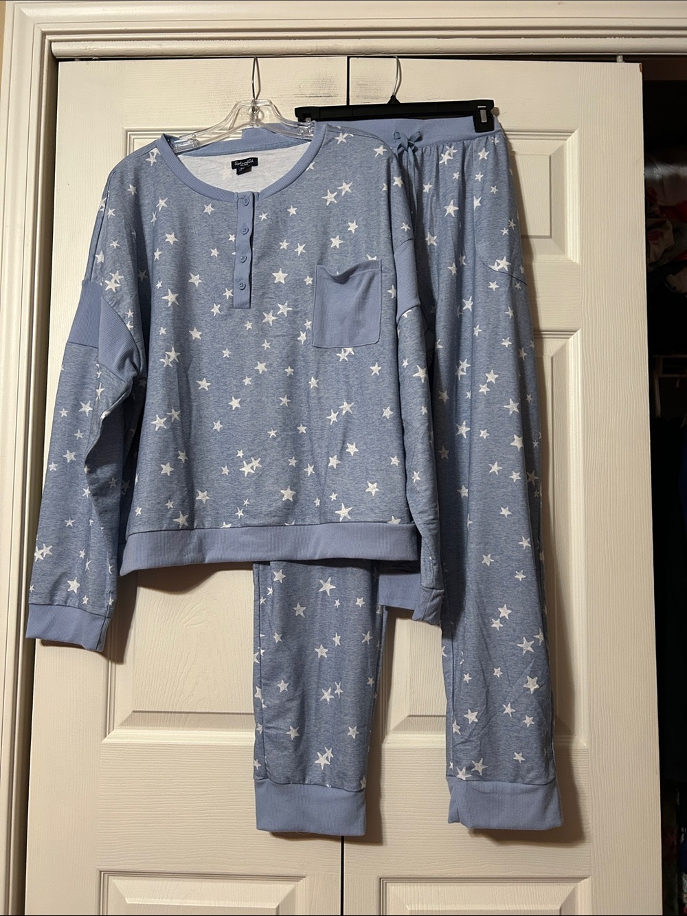 Splendid Women 2 Piece Lounge Set Henley Top Jogger Pant Blue-Stars Sz XXL